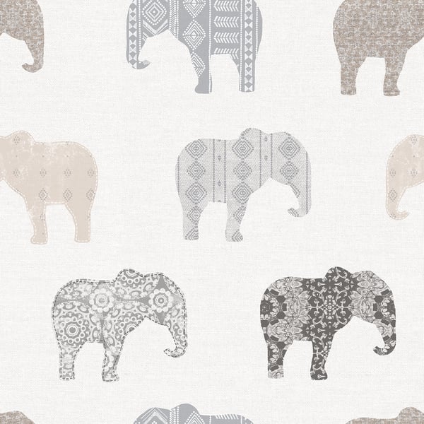 Neutral fabric featuring repeating elephant silhouettes in gray and beige with geometric and floral prints.
