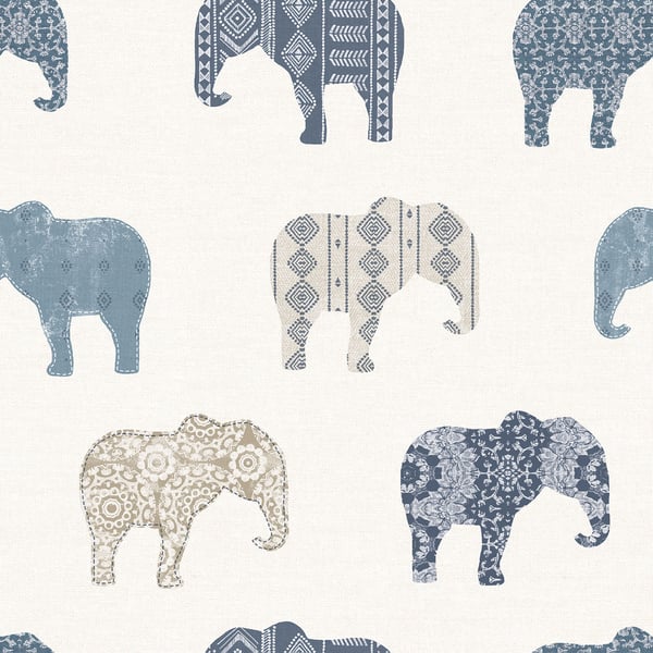 Repeating fabric print of stylized elephants in blue and beige with geometric motifs on a light background.