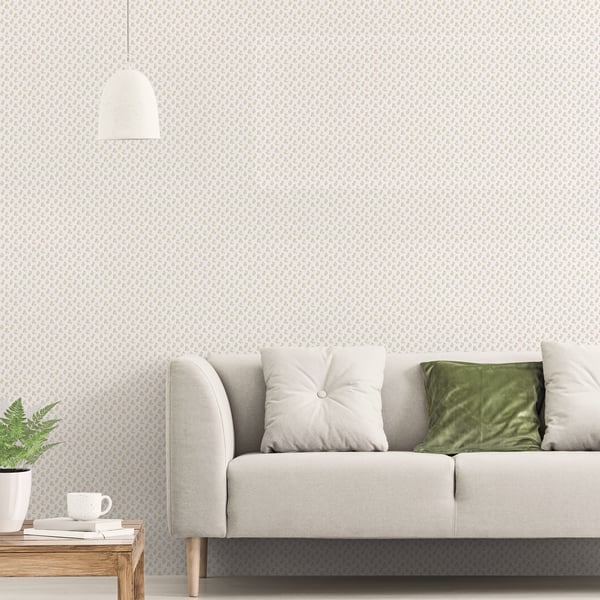 Light green wallpaper with small vintage bud prints in a subtle pattern.