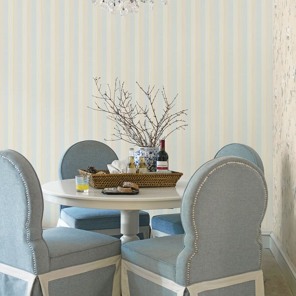 Blue striped wallpaper with a subtle silk-like finish.