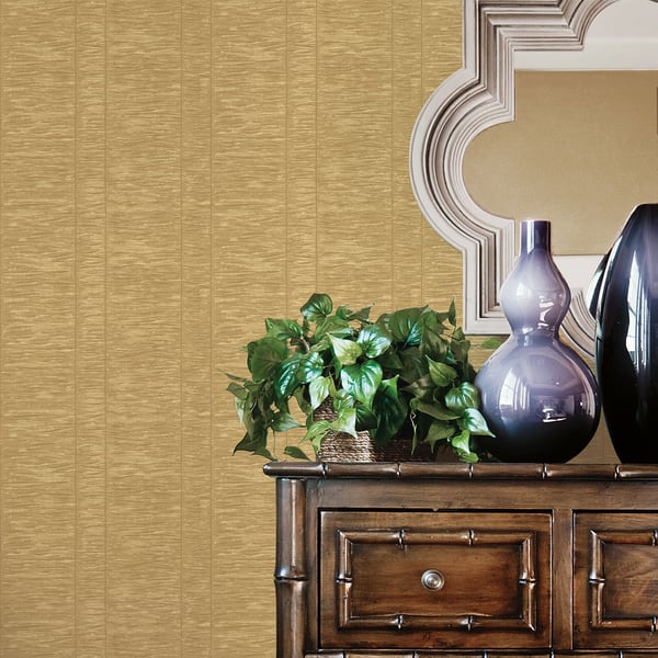 Gold wallpaper with a pleated stripe pattern.
