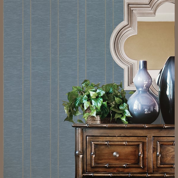 Blue striped wallpaper with gold stripes.