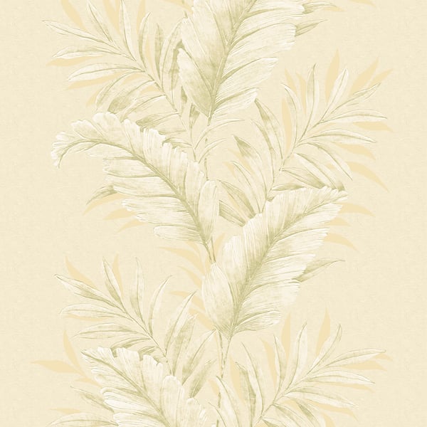 Fern stripe wallpaper with green fern fronds on a warm beige background, botanical pattern.