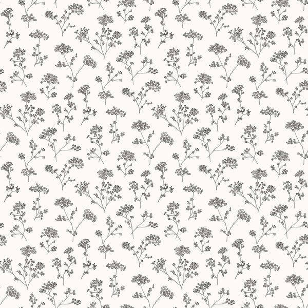 White background with delicate grey botanical branches and small flower clusters; repeating pattern.