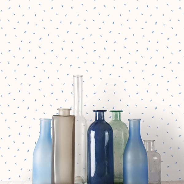 White wallpaper with a polka dot leaf pattern.