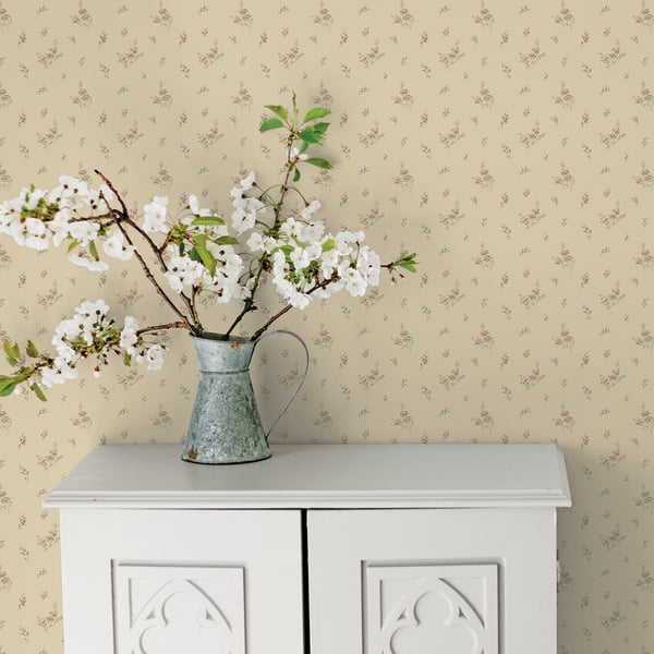 Cream wallpaper featuring a tiny rose pattern.