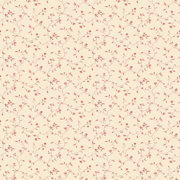 Beige wallpaper with delicate pink floral vines and tiny blossoms in a subtle vintage pattern.