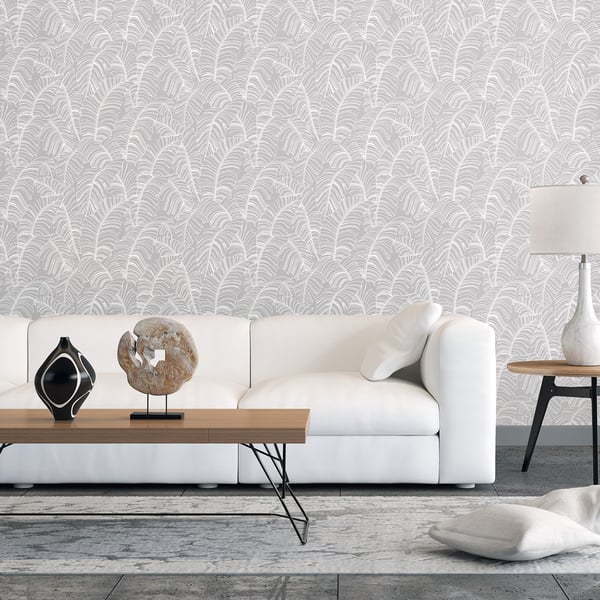 Silver-grey palm-leaf wallpaper.