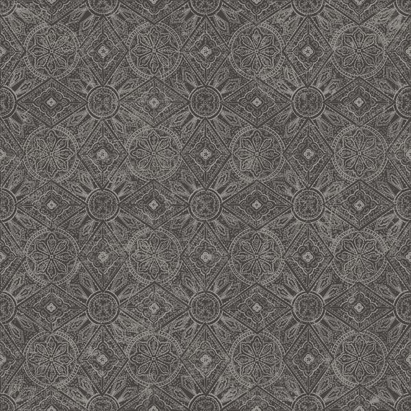 Dark gray embossed repeating pattern of floral and geometric motifs with circular rosettes and diamond borders.