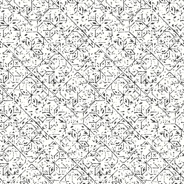 Cream background with a black hand-drawn geometric tile motif; vintage damask-inspired pattern for wallpaper or fabric.