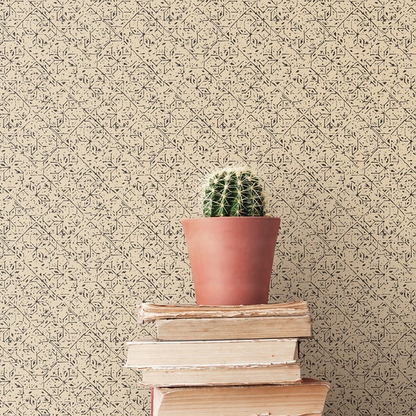 Beige geometric tile-pattern wallpaper.