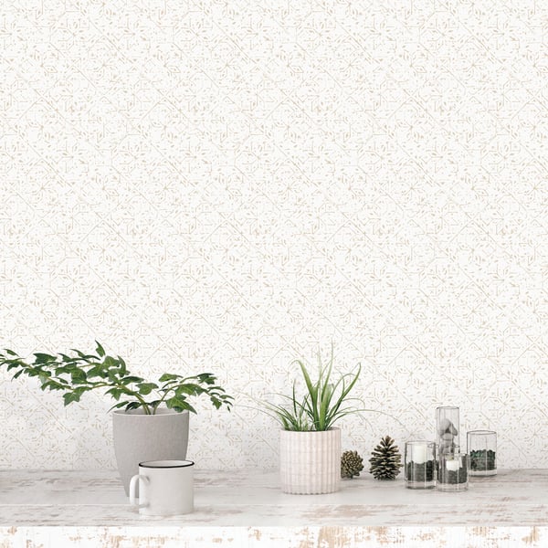 Beige wallcoverings tile backdrop; whitewashed wood surface with green potted plants, a white mug, pinecones and glass jars.