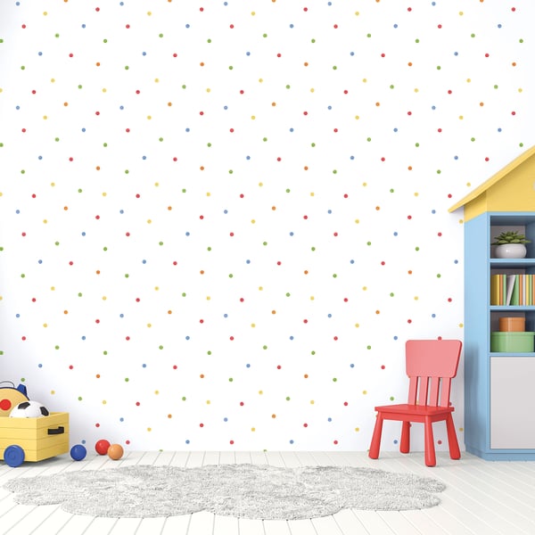 Bright children's playroom with multicolor polka-dot wallpaper, red chair, yellow toy truck, blue shelving unit, grey rug.