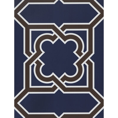 Navy blue print with a modern geometric pattern outlined in chocolate brown.