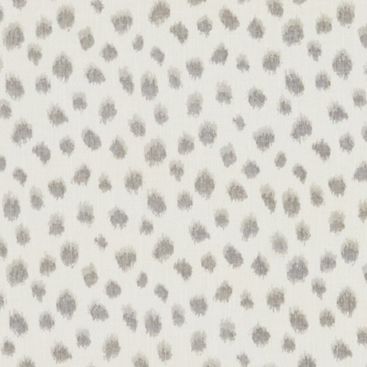 White fabric with light gray irregular spots, Dalmatian-style dotted pattern.