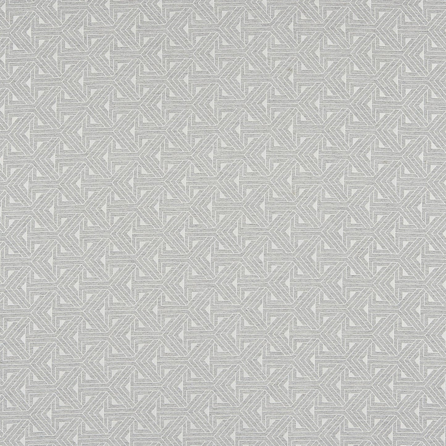 Light gray fabric with white geometric interlocking lattice pattern, modern textile for upholstery or wallpaper.