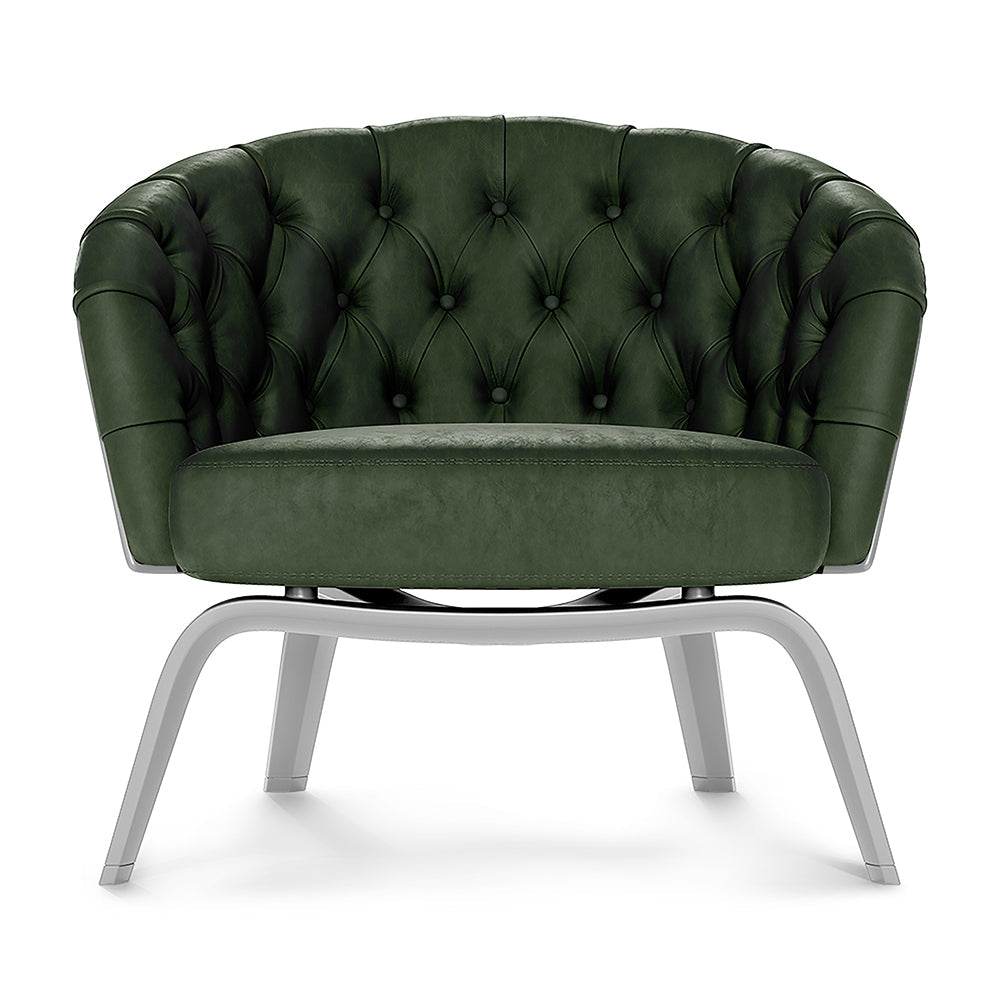 Dark olive fabric-covered lounge chair with a rounded back and light gray curved metal legs.
