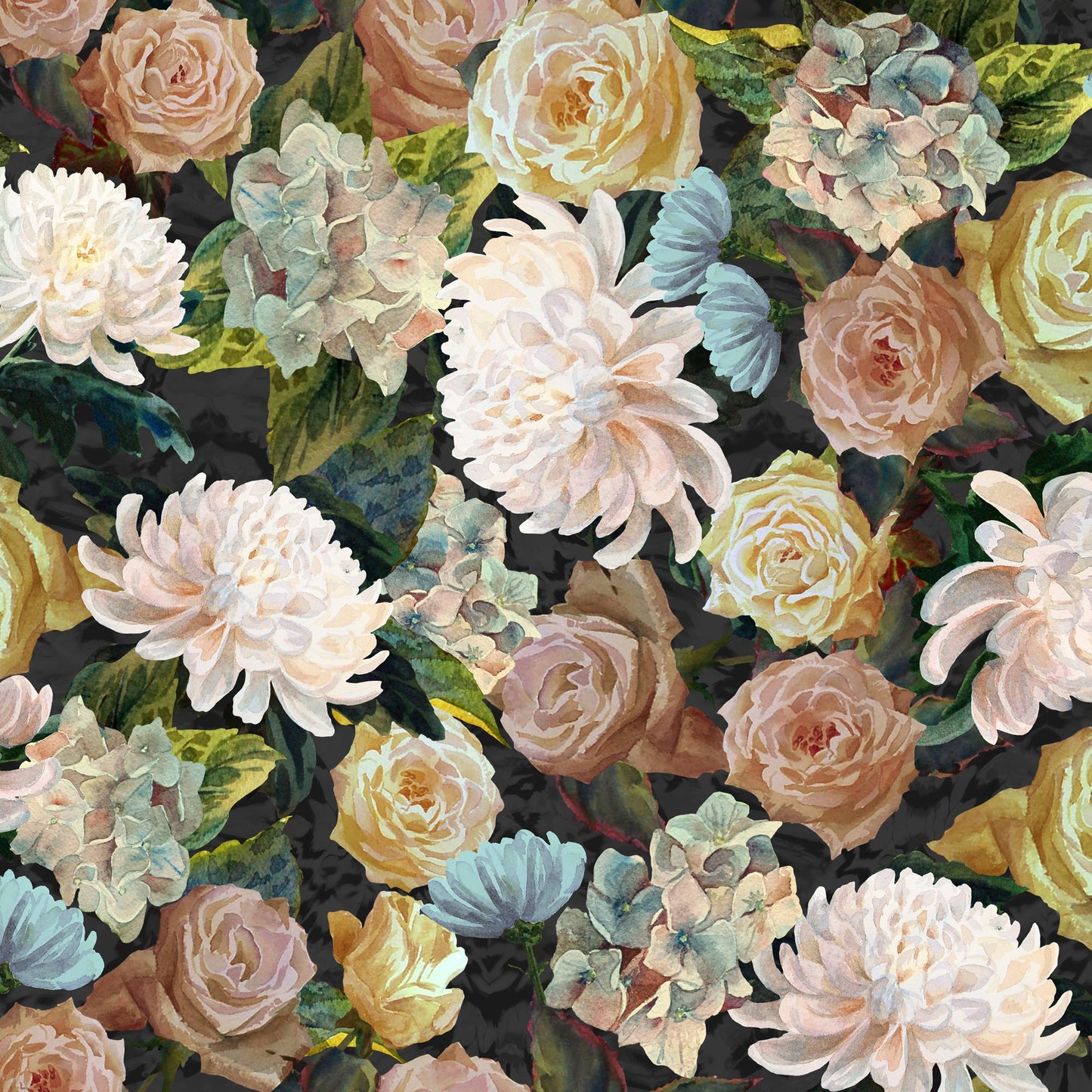 Pastel floral fabric print featuring cream roses, pale pink dahlias, pale hydrangeas on a dark background.