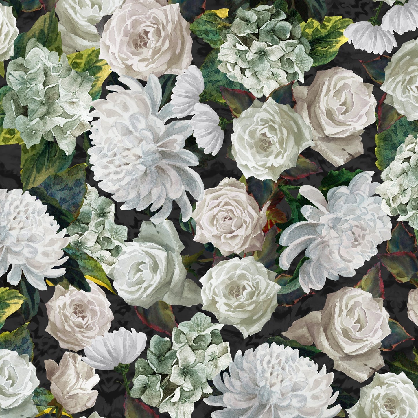 Romantic floral print with ivory roses and pale hydrangeas, in sage, green and grey on charcoal background.
