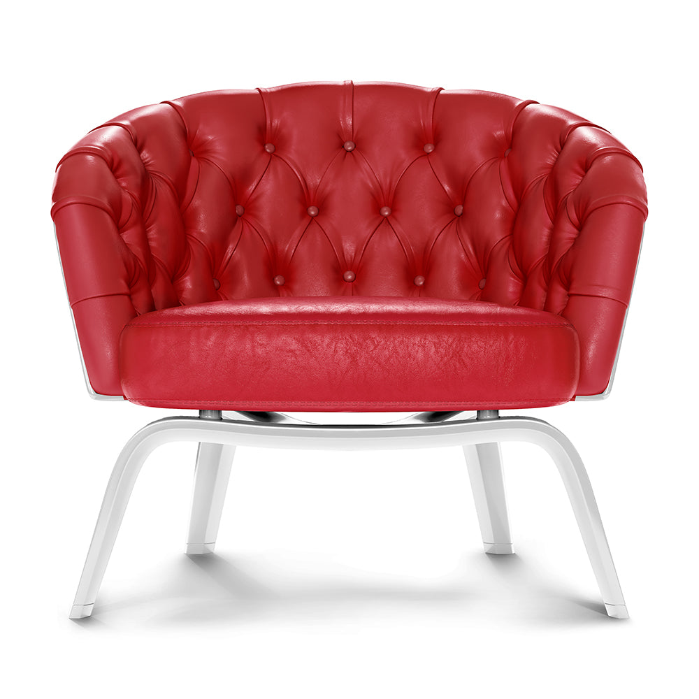Red tufted fabric lounge chair with a buttoned back and white curved metal legs.