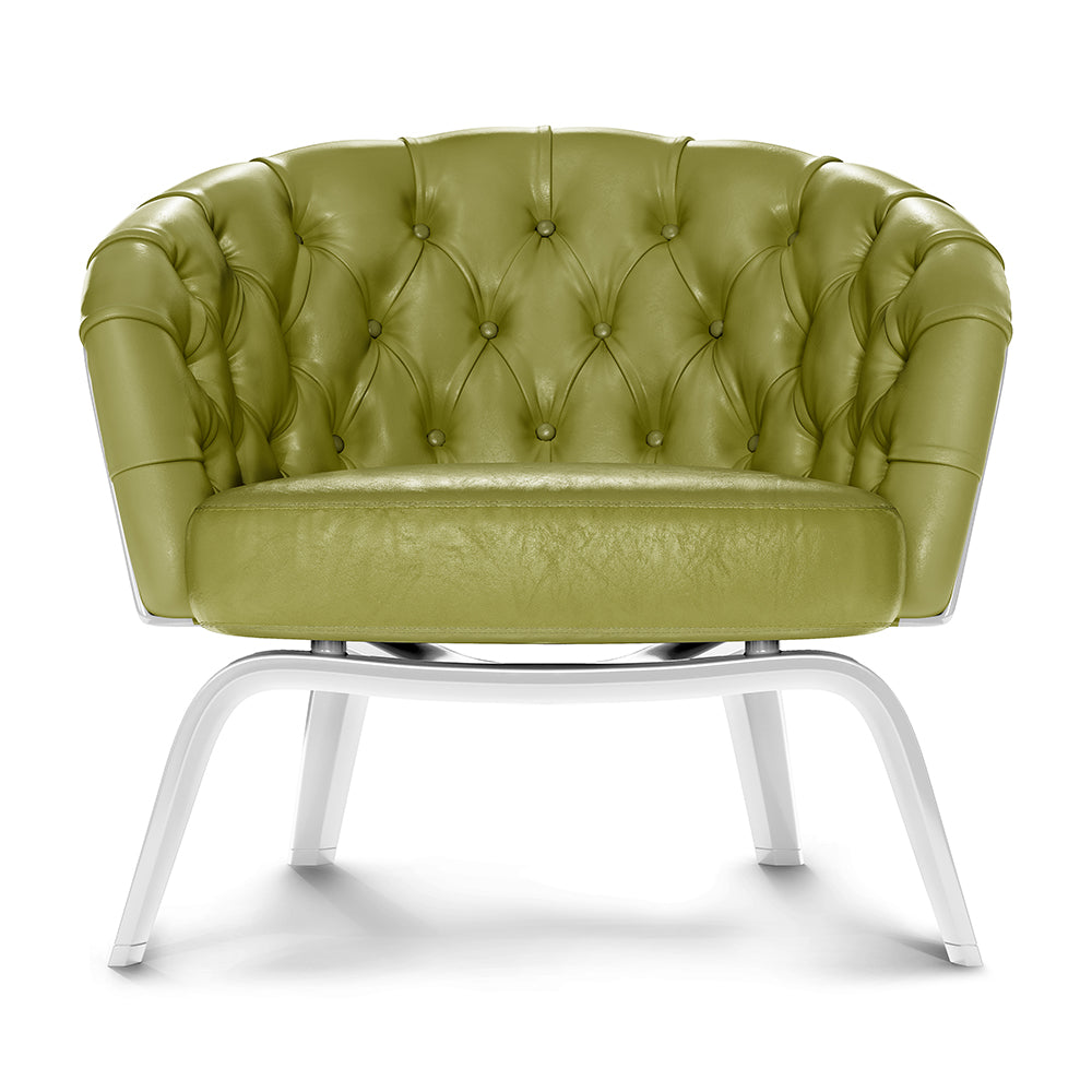 Olive green fabric lounge chair with button-tufted detailing and curved arms on a white curved-metal base.