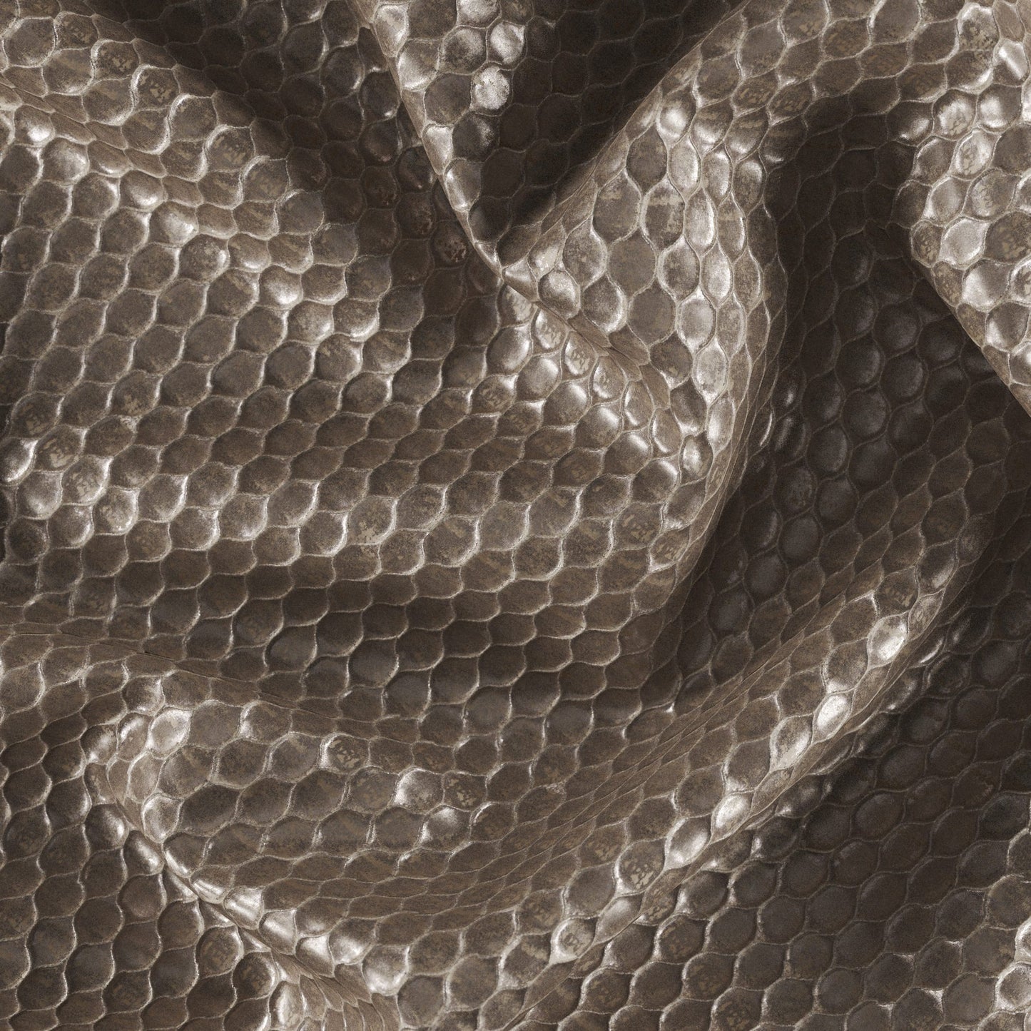 Beige-taupe metallic jacquard fabric with ogee pattern and textured weave; soft drape with subtle folds.