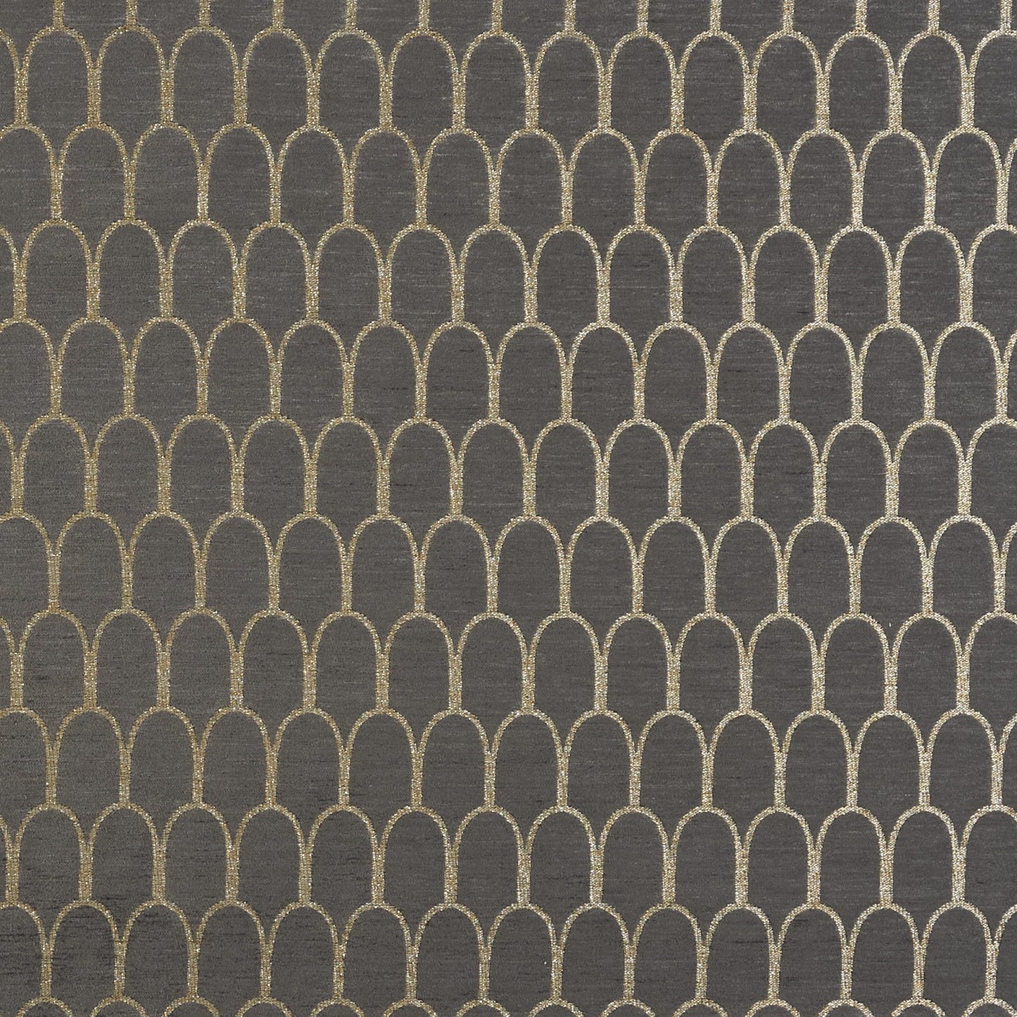 Grey chenille fabric with a repeating gold scallop arch geometric pattern and subtle glitter texture.