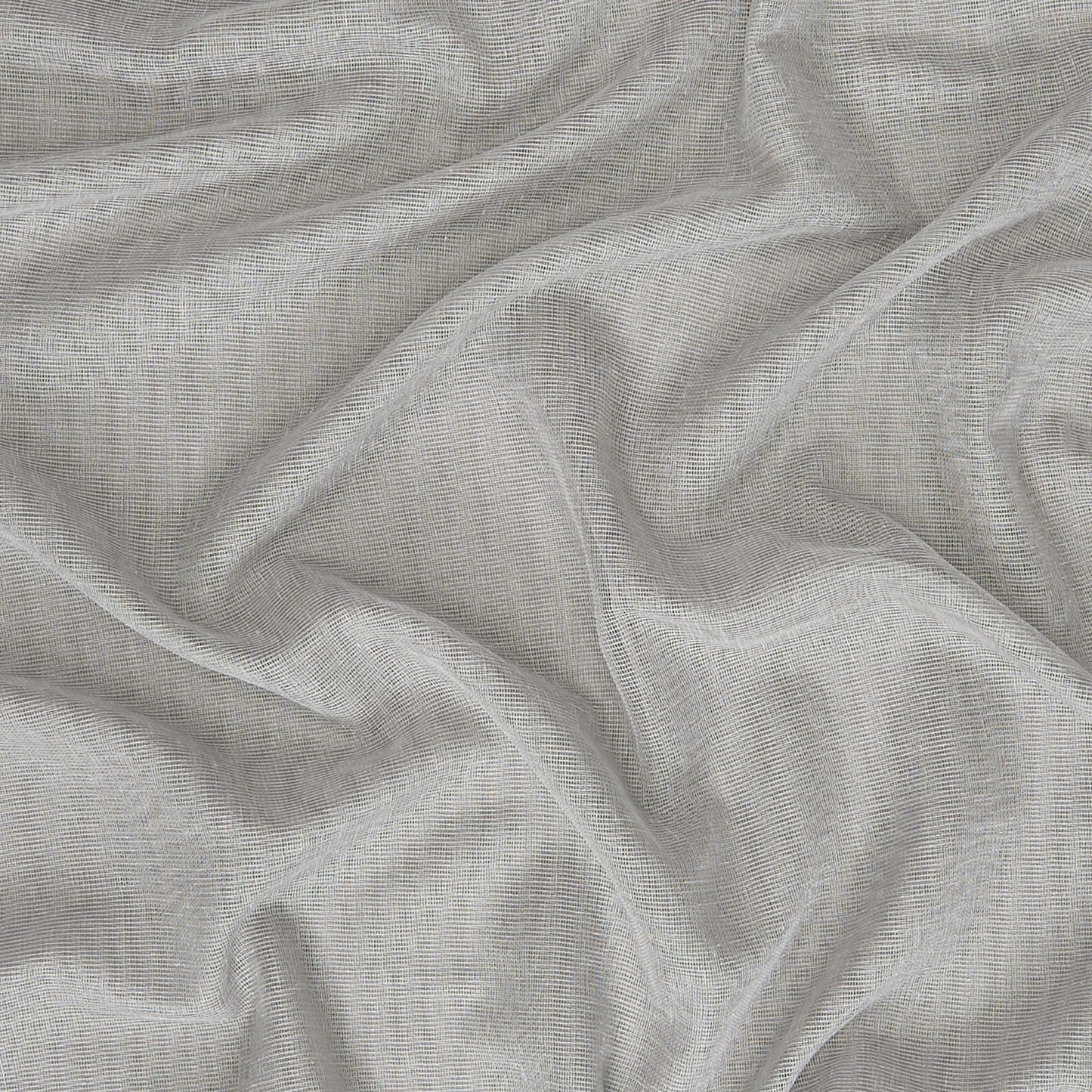 Soft gray, sheer linen-like fabric with a fine weave and flowing drape for curtains or scarves.