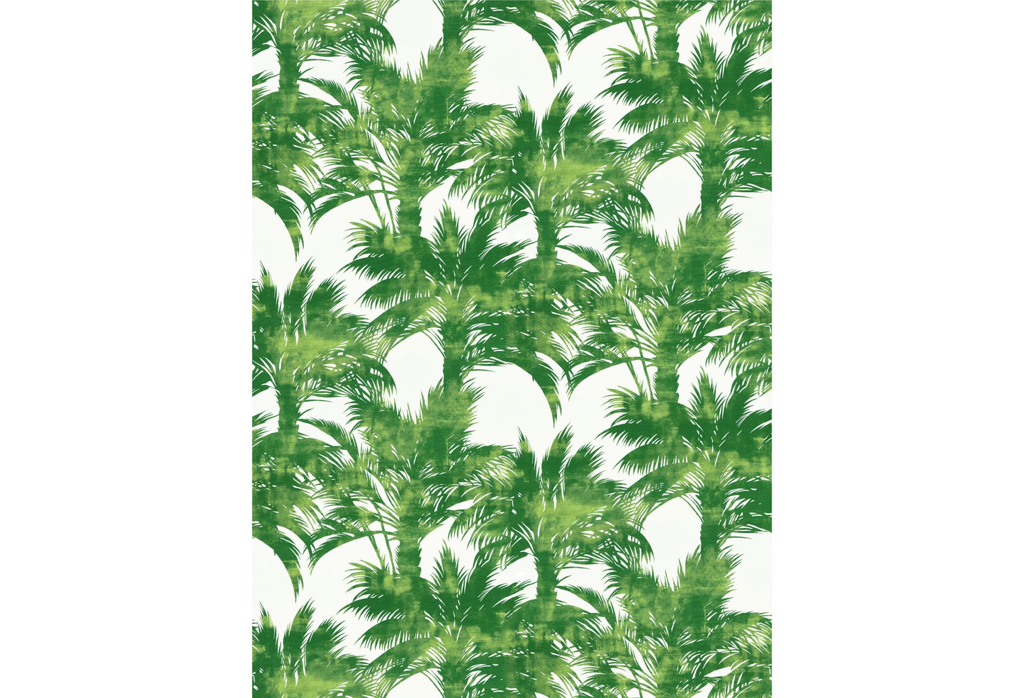 Palm print fabric with a repeating tropical palm leaf pattern in vibrant greens on white.