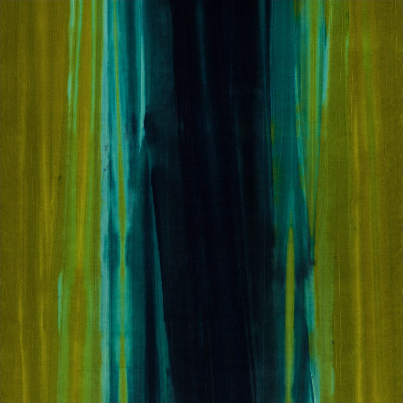 Abstract vertical stripes in olive-yellow and teal with a dark navy center, brushstroke texture.