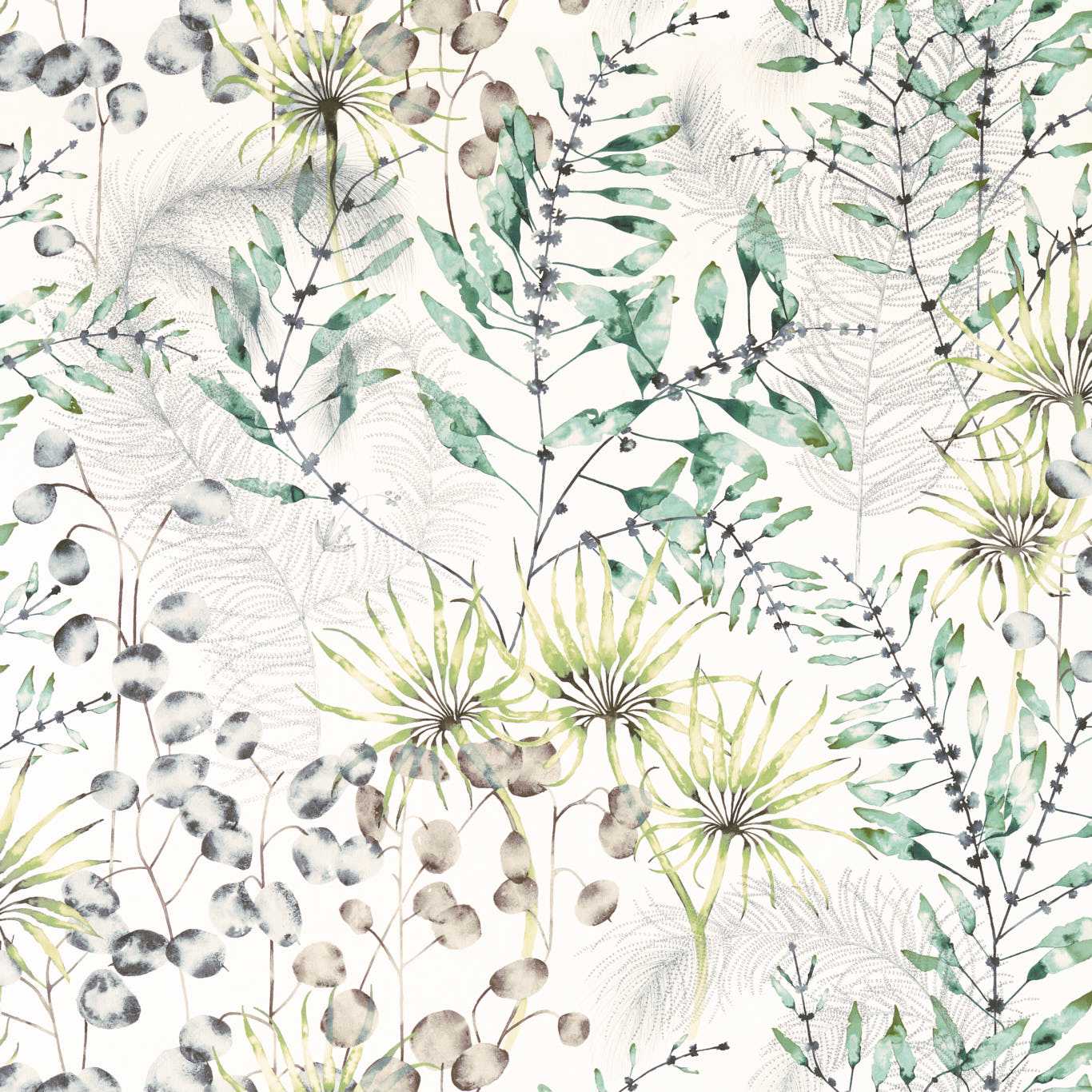 Watercolor botanical fabric with green leaves, grey berries, and starburst yellow-green flowers on a pale background.