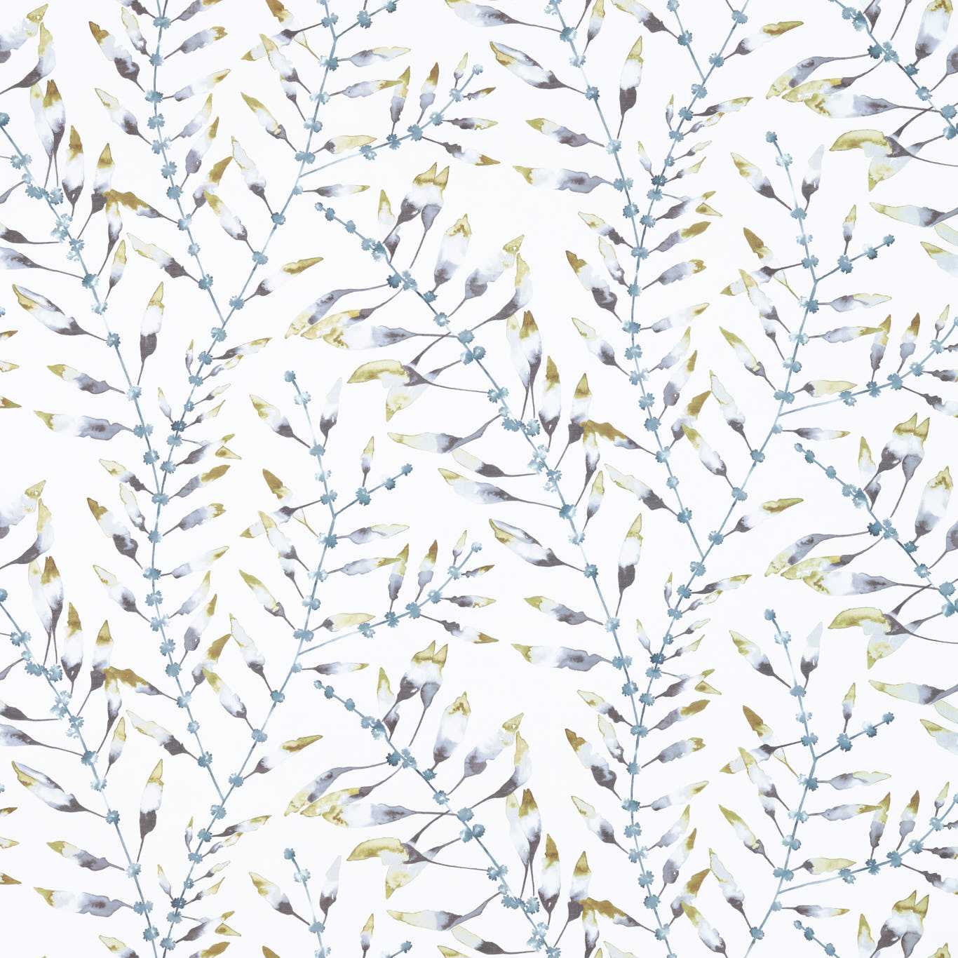 Watercolor botanical pattern with blue-gray stems and pale yellow-green leaves on white background, suitable for fabric.