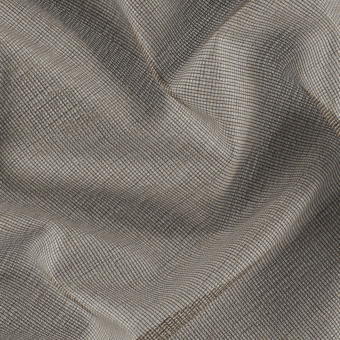Beige lightweight woven fabric with a small dark grid pattern; soft drape & versatile for garments or upholstery.