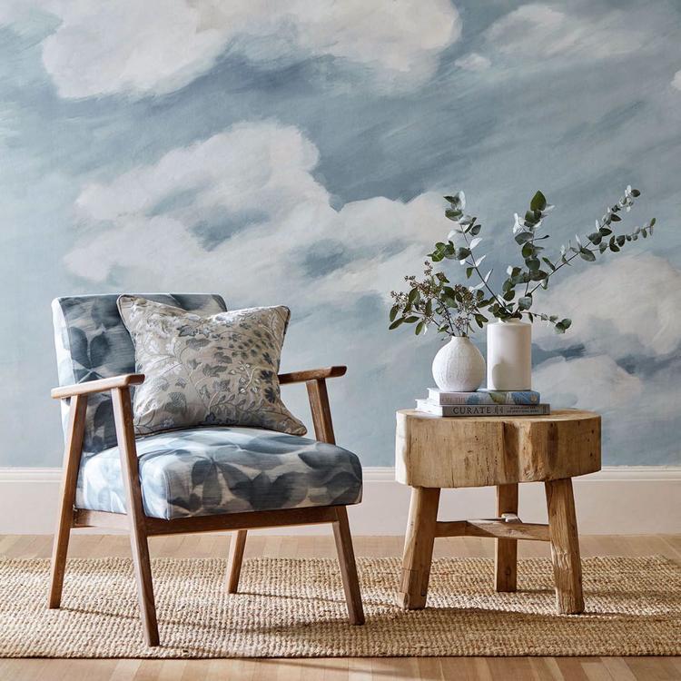 Harlequin Onni Putty/Celestial fabric featuring delicate embroidered clover and leaf motifs on a soft cotton base; ideal for drapery, upholstery, and cushions in neutral-toned interiors.