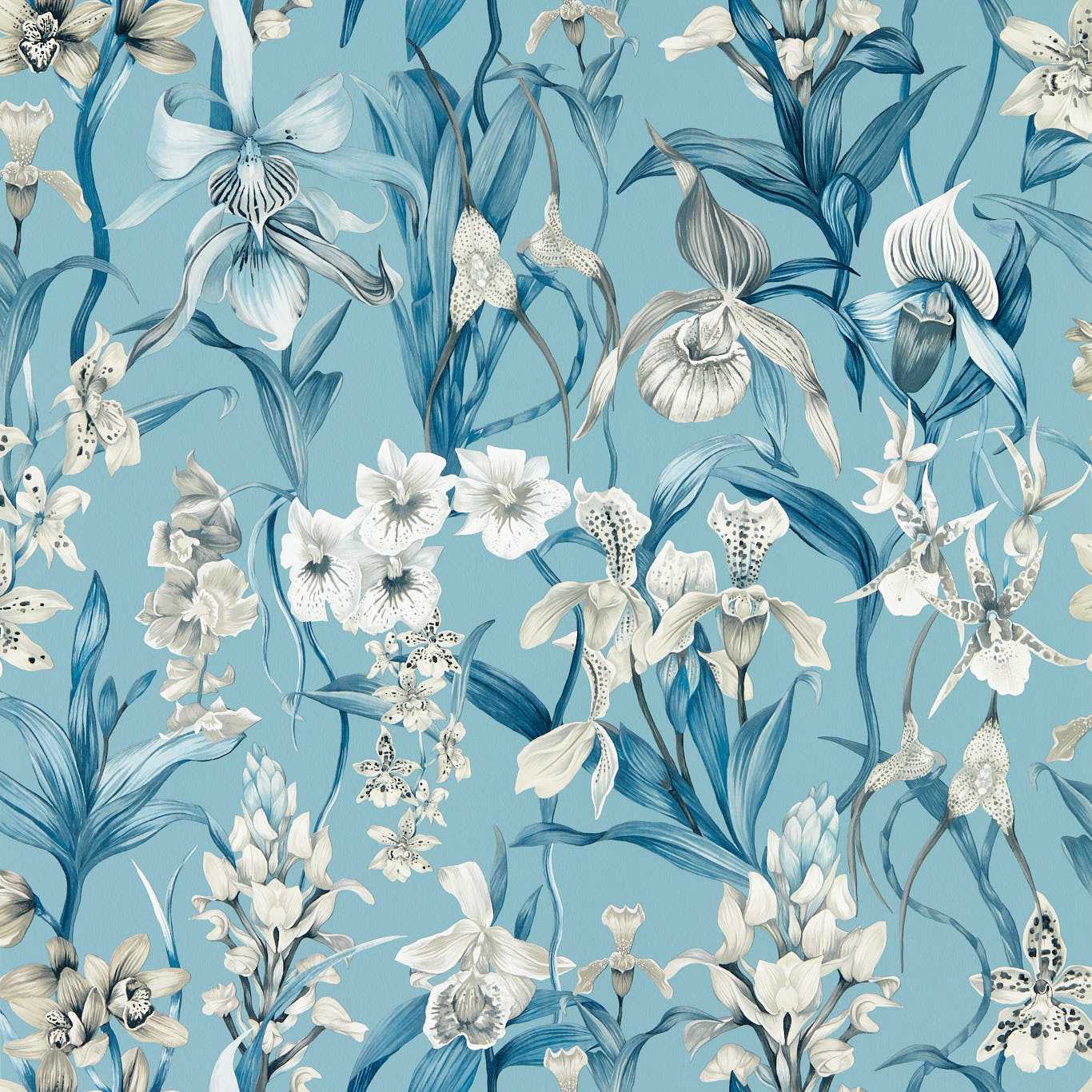 Blue-toned botanical floral pattern with ivory-white blossoms and teal leaves on a blue background.