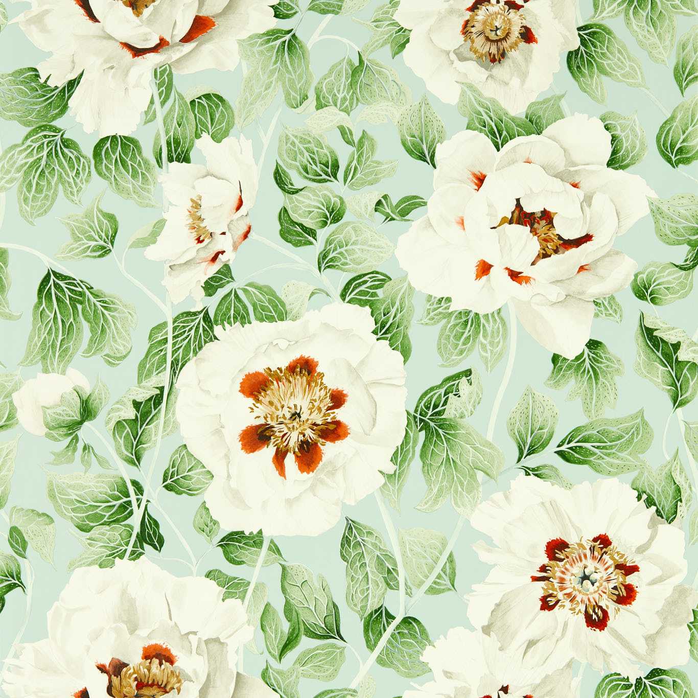 Mint-green floral wallpaper pattern with large white peonies, orange centers, and green leaves.