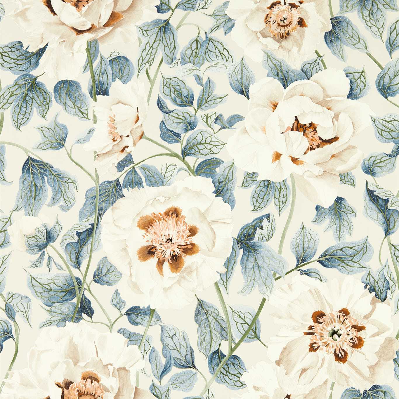 Cream peony blossoms with brown centers and blue-green leaves on a pale beige background; watercolor floral pattern.