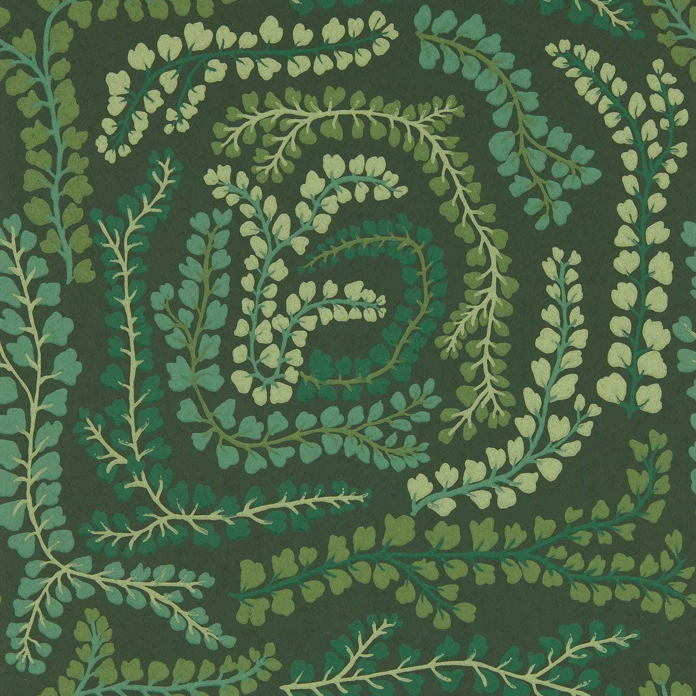 Dark green wallpaper with swirling lime-green vine motifs and small leaves in a botanical pattern.