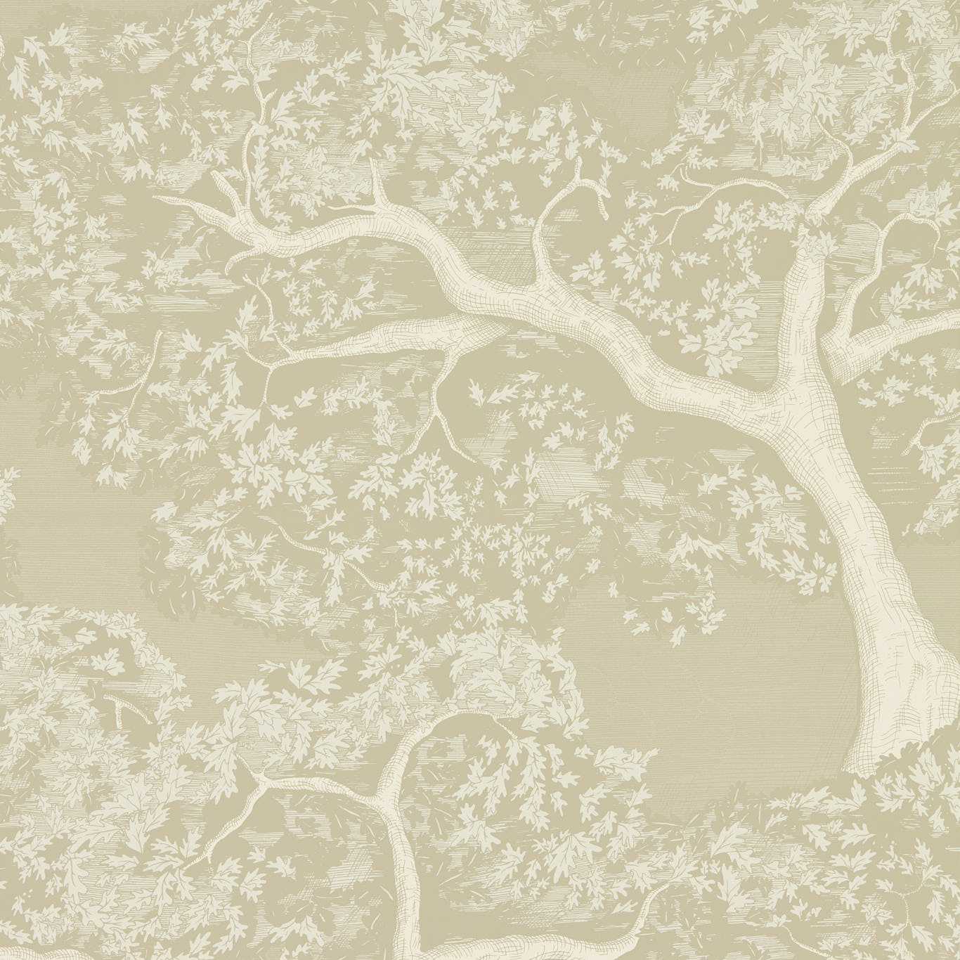 Beige wallpaper featuring pale white tree branches and leaves in a vintage toile-style botanical pattern for walls.