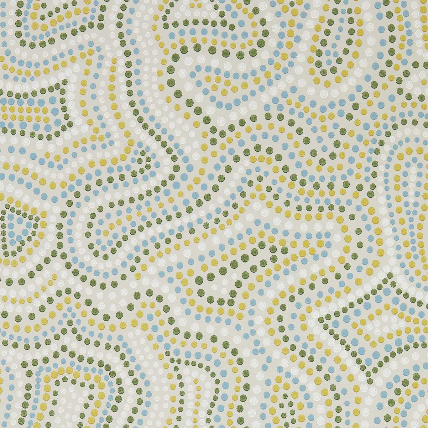 Abstract dotted pattern with wavy lines in greens, yellows, and blues on a light backdrop.