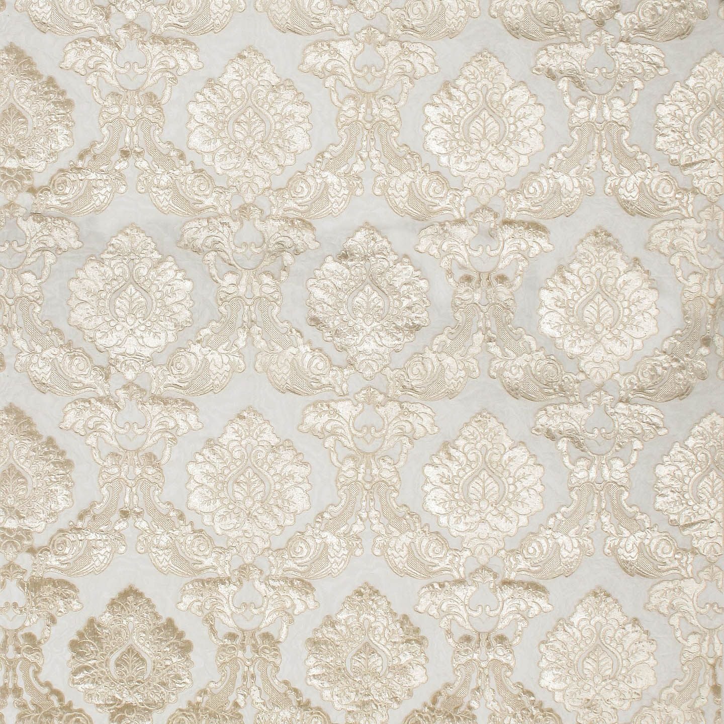 Ivory sheer damask fabric with gold-cream floral medallions in a repeating rococo pattern.