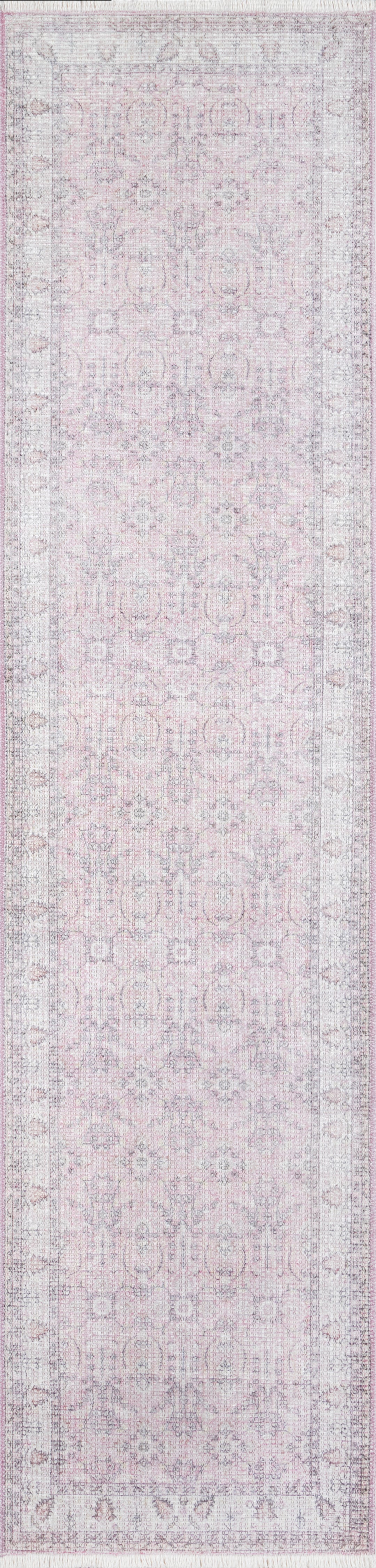 Soft pink vintage Persian-style area rug with pale gray motifs and a delicate border.