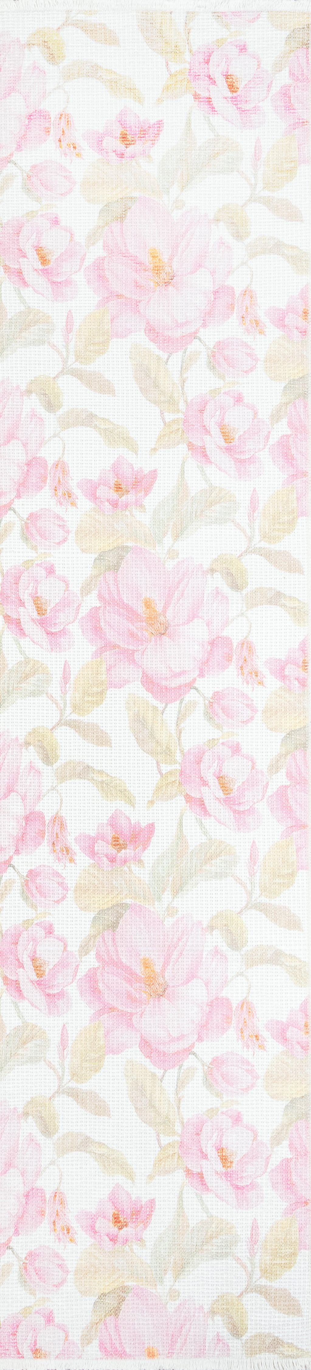 Pastel pink rose floral print on white textured rug with beige-green leaves, vintage watercolor style.