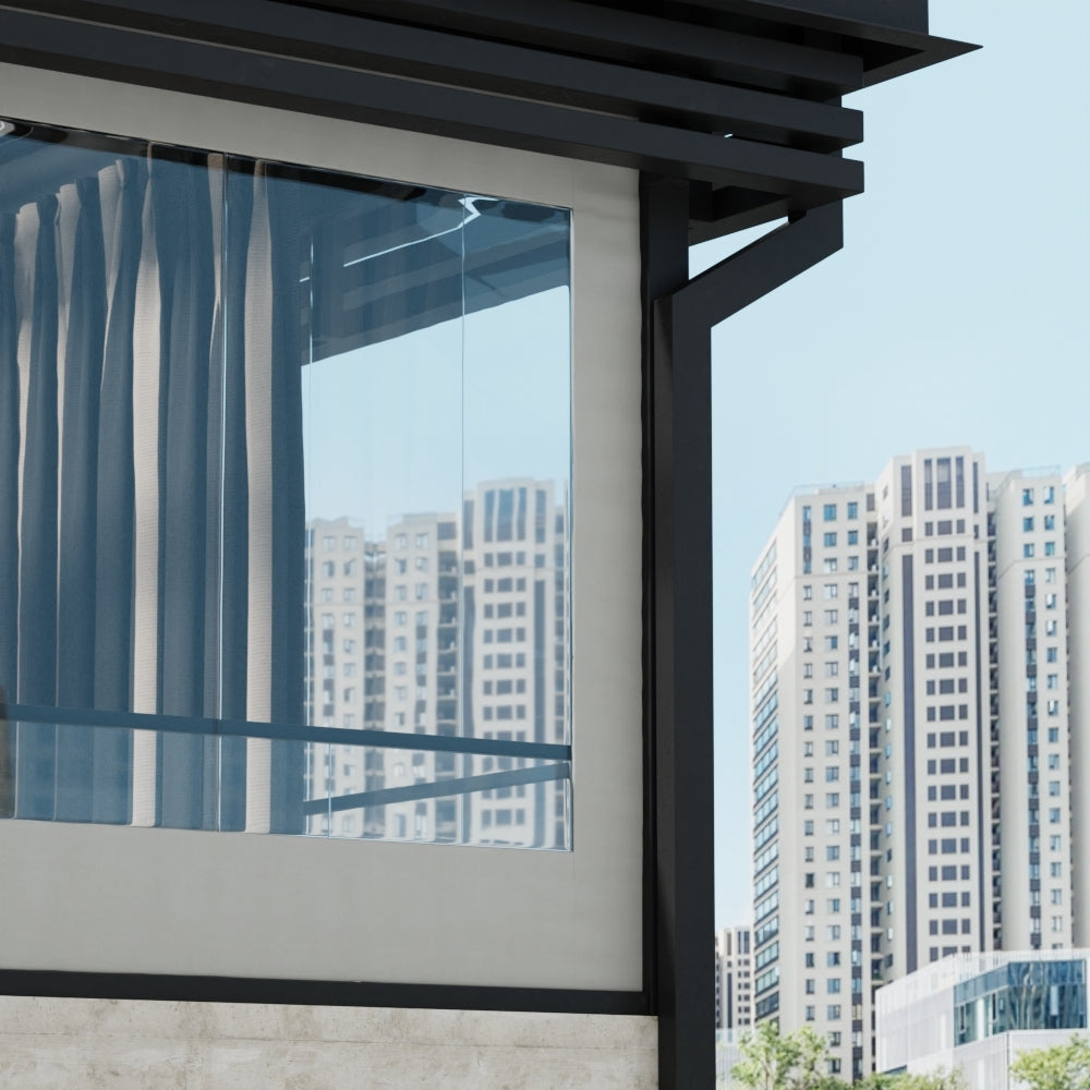 Modern glass window with a dark metal frame and sheer blue curtains; city high-rises visible in the background.
