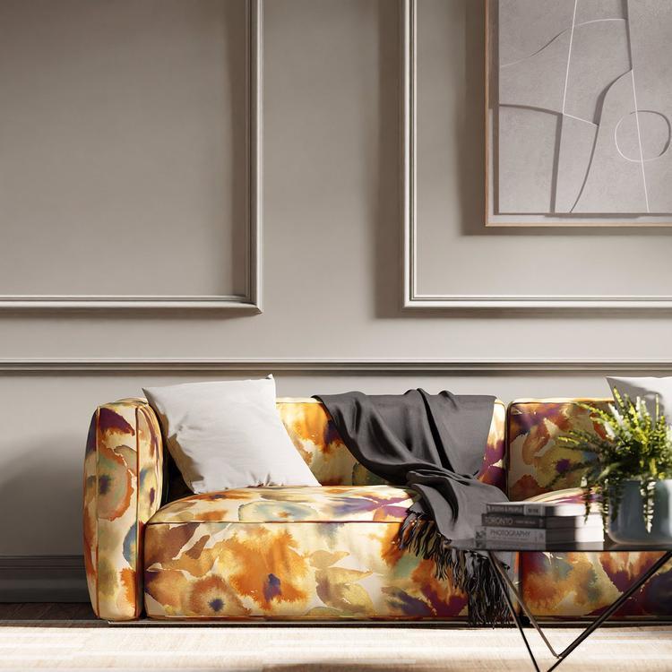 Harlequin Tresillo “Flores” fabric showing abstract watercolor floral design in rust, ruby, and blue tones on linen‑viscose blend — ideal for curtains, upholstery, cushions, and statement interiors.