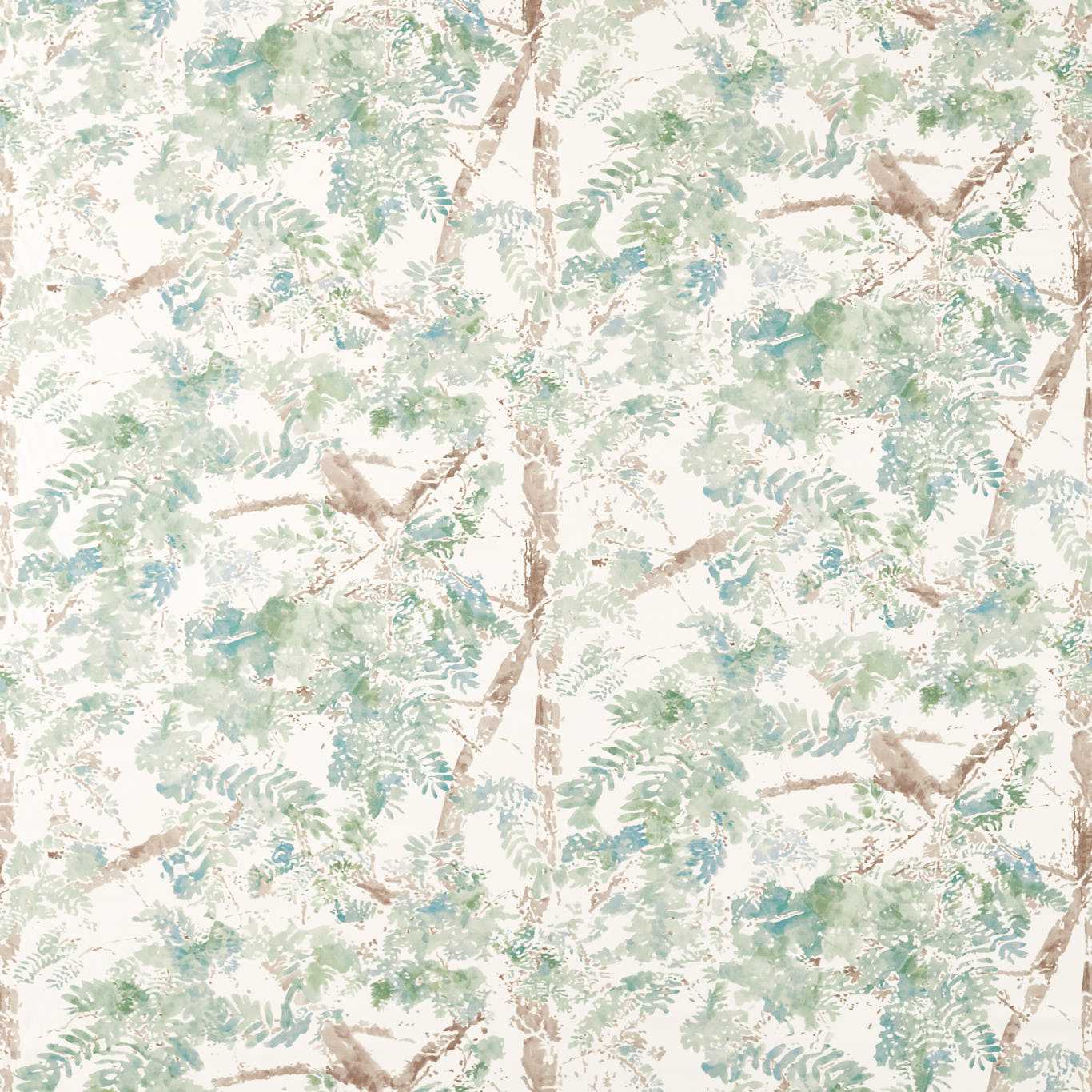 Watercolor-style botanical wallpaper featuring teal-green ferns and light brown branches on cream background.