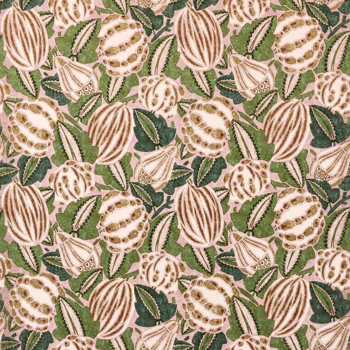 Vintage botanical velvet fabric with beige seedpods and green leaves on a dusty pink background; velvet texture.
