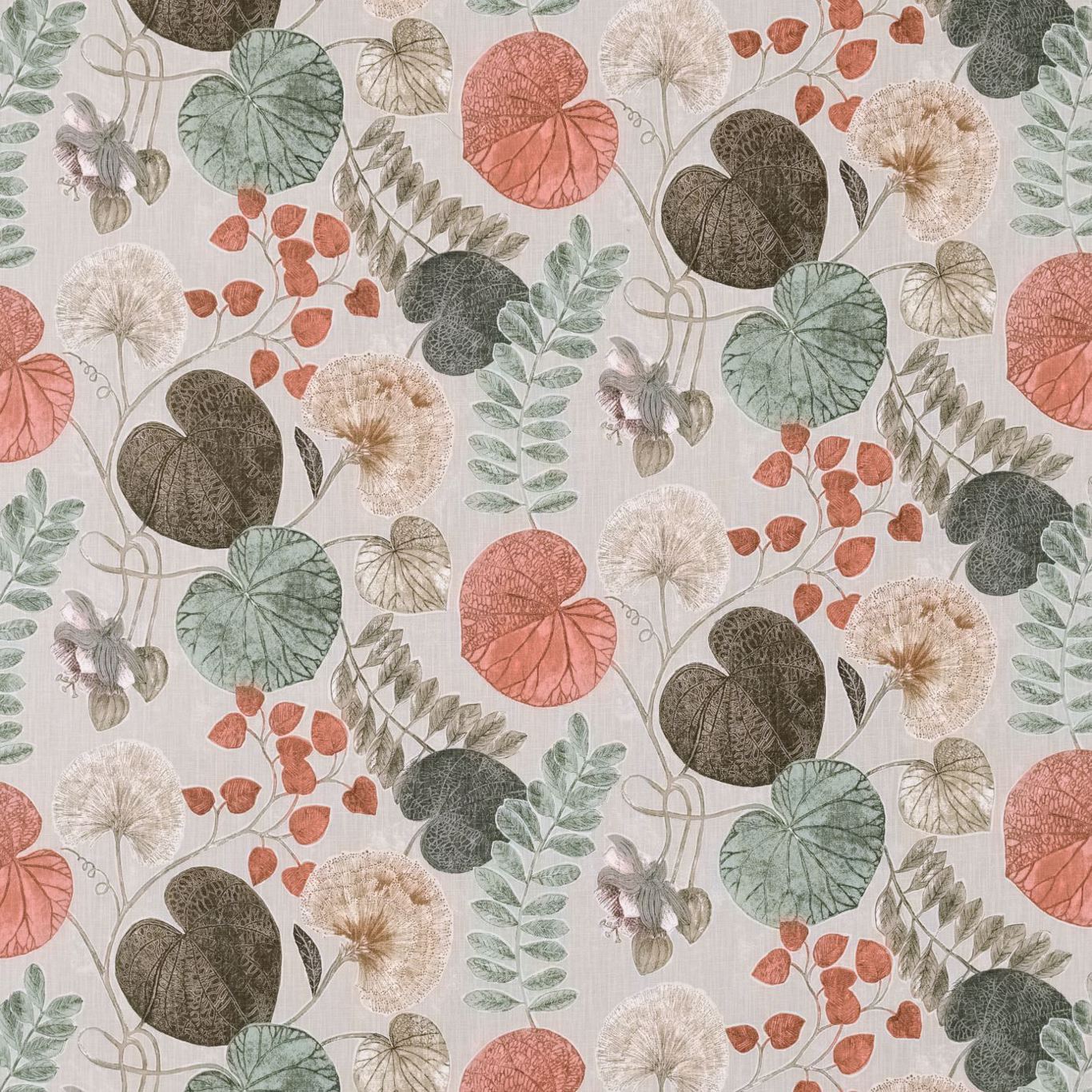 Fabric with a botanical print of fern fronds and circular leaves in amber and mint on a beige background