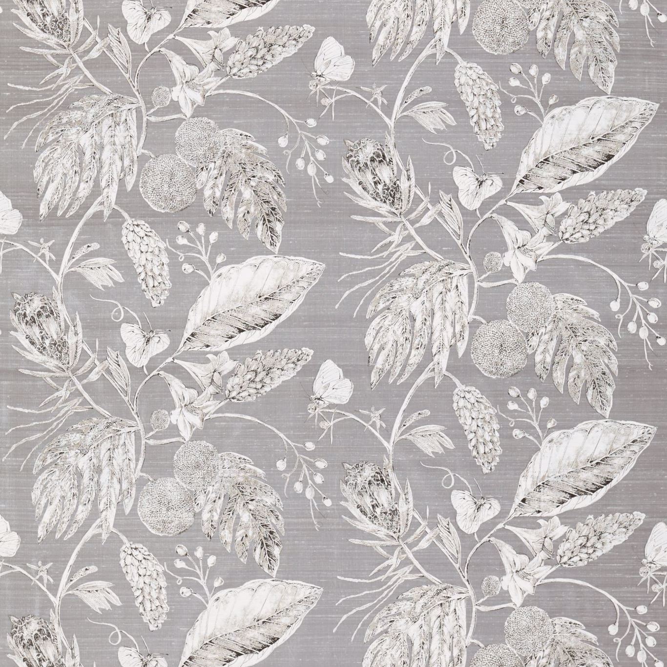 Grey silk fabric with white botanical illustration featuring leaves, trees, berries, seed clusters and subtle butterflies.