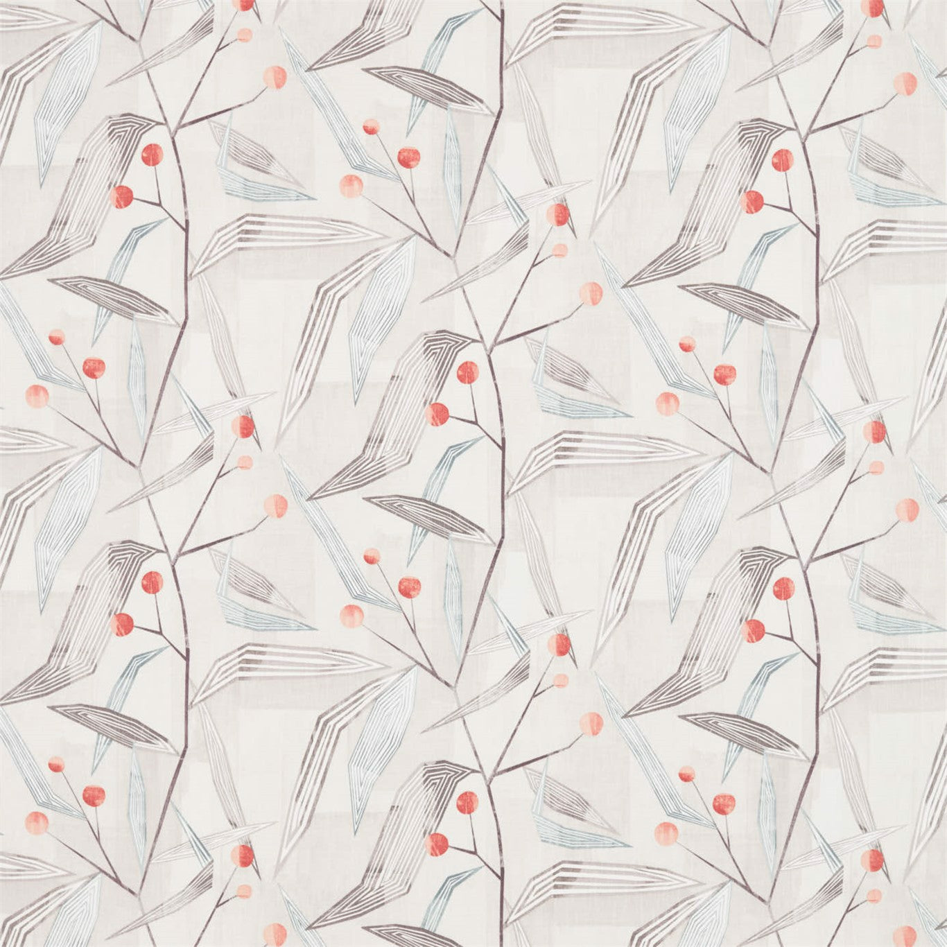 Soft botanical fabric with taupe stems, blue-gray leaves and coral berries on an off-white background.